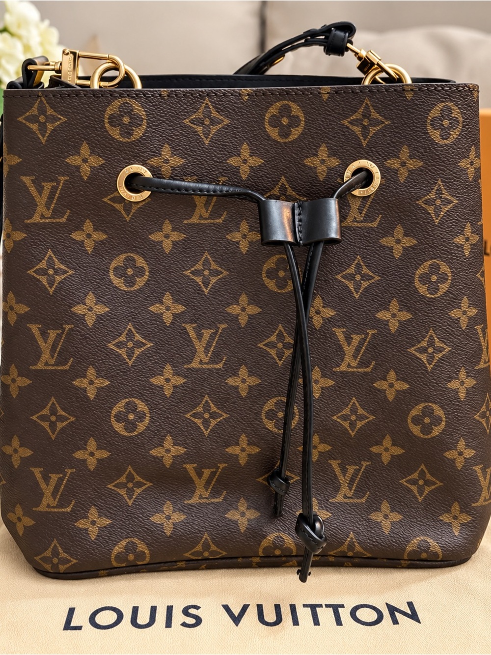 Unlisted Brown Monogram Drawstring Tote with Black Trim